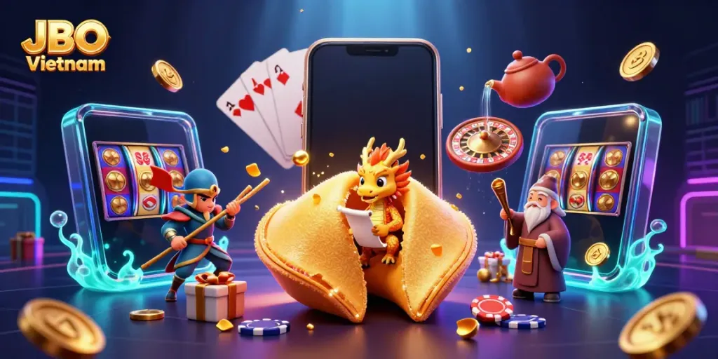 Experience the excitement of JBO Vietnam with a vibrant 3D illustration showcasing a fortune cookie and colorful gaming elements.