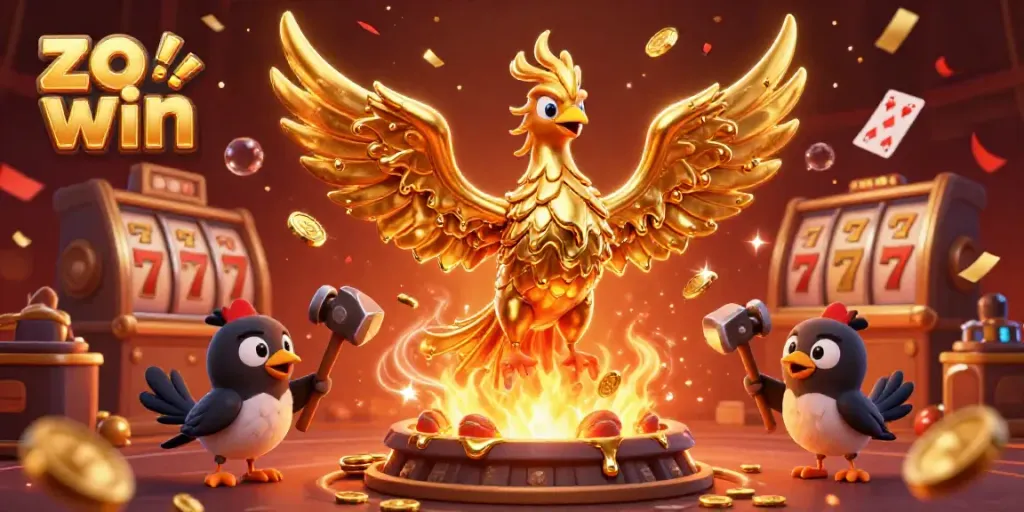 Experience the excitement of zo win with a golden phoenix, jackpots, and festive casino elements.