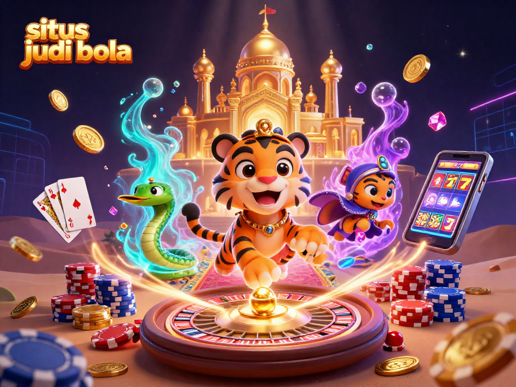 Engage with situs judi bola through an exciting illustration of the tiger sultan surrounded by casino elements.