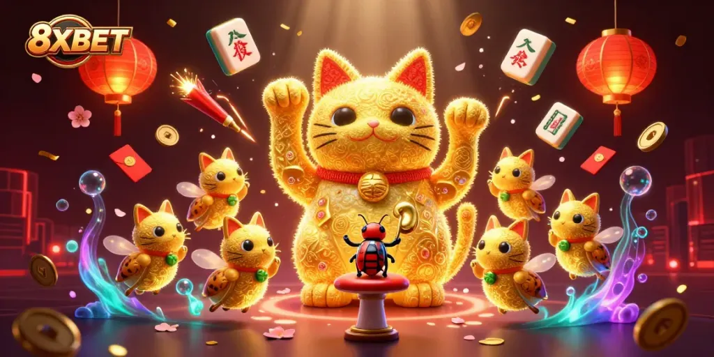 Play and win big with 8XBET's vibrant games and golden lucky symbols in this dynamic casino illustration.