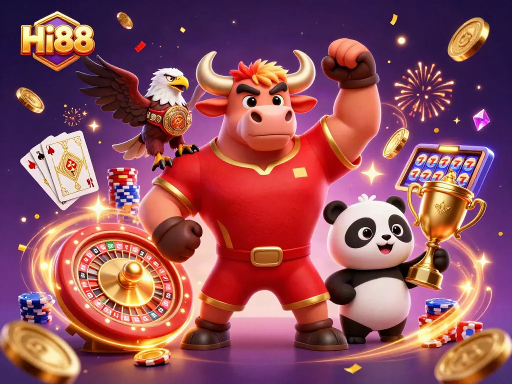 Experience excitement at Hi88 with a festive casino scene showcasing a bull, eagle, and panda celebrating wins.