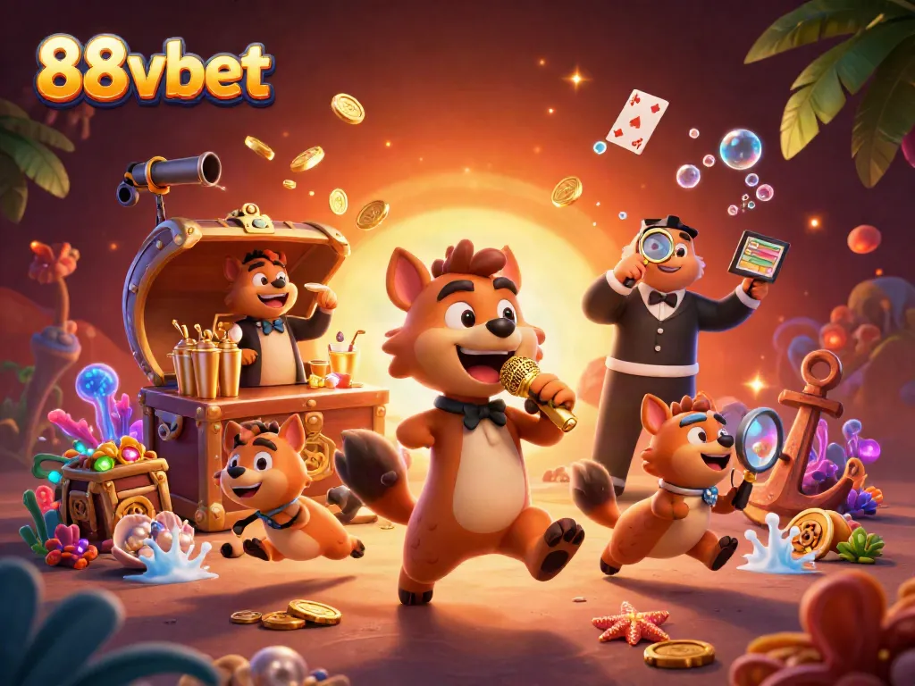 Experience the lively comedy casino adventure with 88vbet's hyena characters engaging in gaming activities.