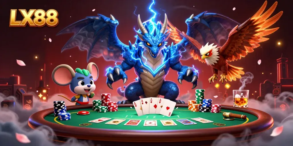 Engage with the thrilling LX88 casino experience, featuring dynamic dragon and hawk characters amidst vibrant poker elements.