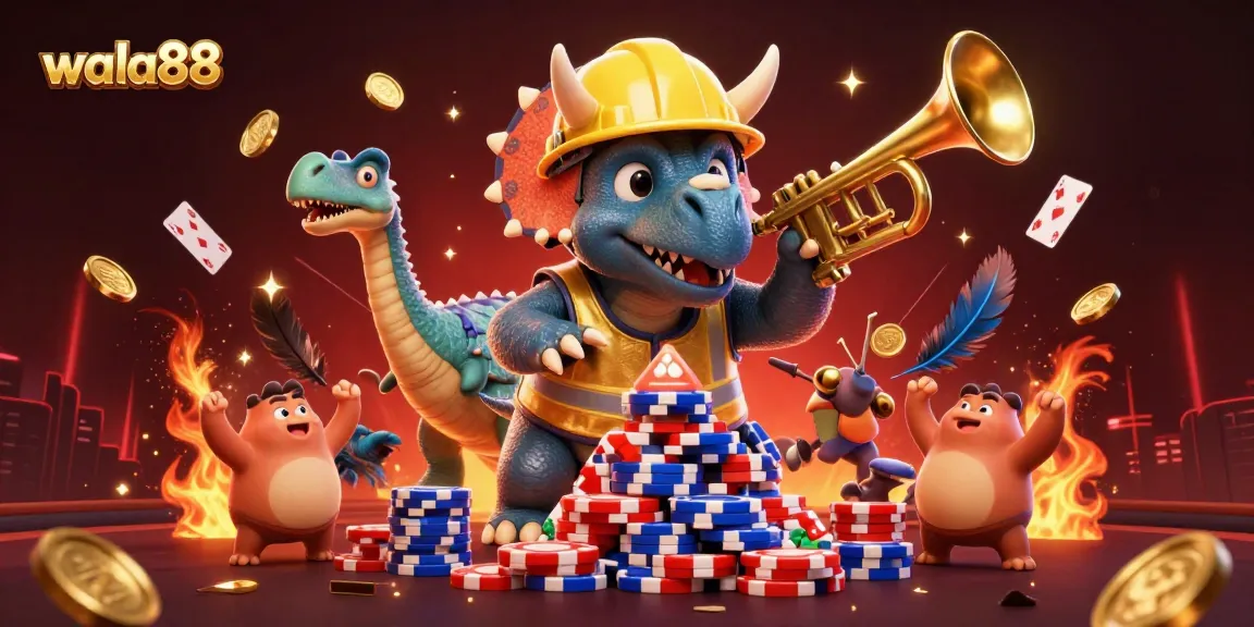 Experience thrilling battles at wala88 with a vibrant 3D illustration of energetic characters amidst gambling elements.