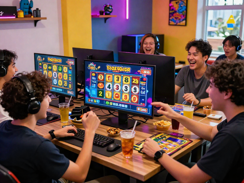Friends celebrating a win in Slot Gacor MAHJONGJP88 in a vibrant gaming setup.