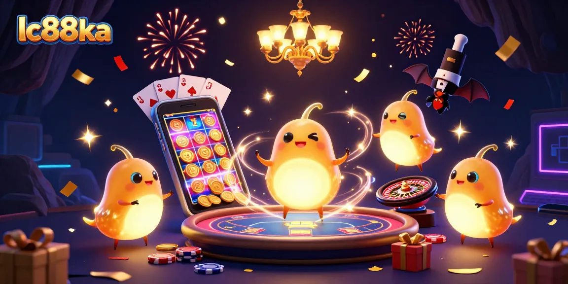 lc88ka's glowworm casino depicts vibrant 3D characters celebrating wins with neon lights and games.