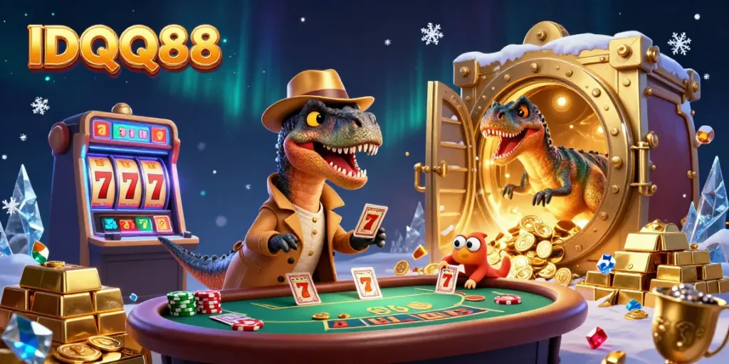 IDQQ88 features a cartoon velociraptor card counter at a blackjack table, capturing a vibrant casino atmosphere.