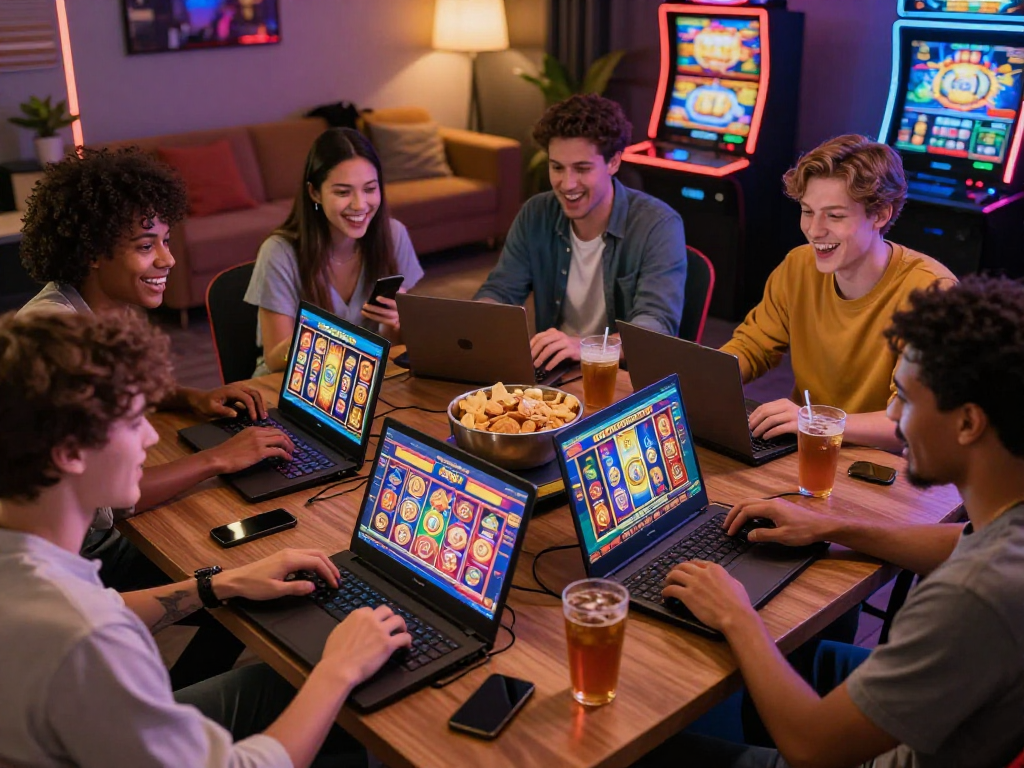 Engaged friends enjoying slot gacor games on GACORBOS88 with vibrant visuals and snacks.