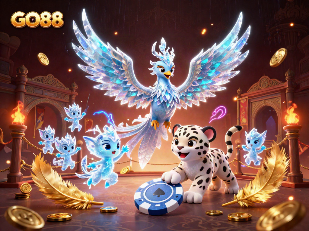 Experience thrilling gameplay with GO88's unique characters in this vibrant casino scene.
