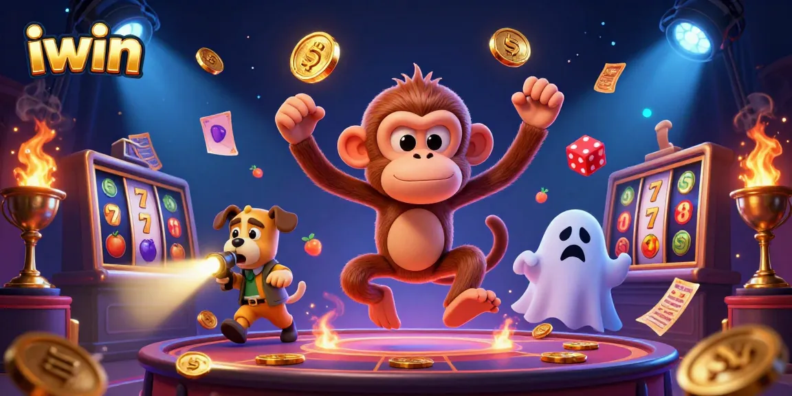 iwin enhances gaming excitement with lively slots and playful characters in a vibrant casino scene.
