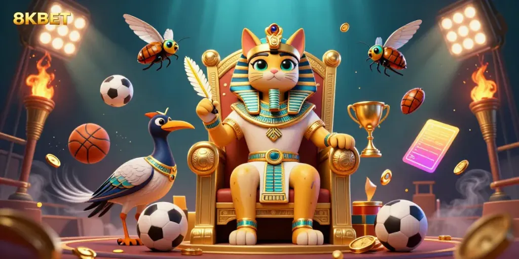 Place bets and win big with 8KBET in a vibrant, dynamic casino scene with pharaoh cat and sports elements.