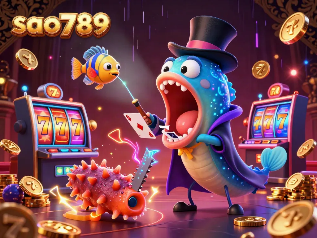 Engage with the vibrant world of sao789, where a bioluminescent eel performs card tricks amidst colorful gaming elements.