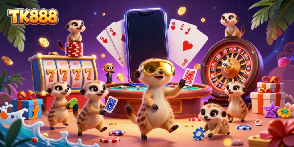 Experience the vibrant atmosphere of TK888 with meerkats operating an elaborate casino filled with slot games and excitement.