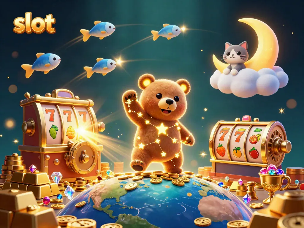 Engage with thrilling slot action amidst a magical scene with a constellation bear and gem treasures.