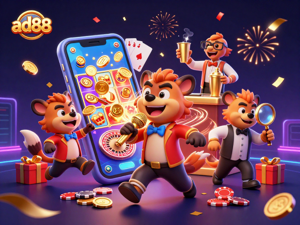 Engage with ad88 as hyenas bring laughter in a vibrant casino scene filled with gaming excitement.