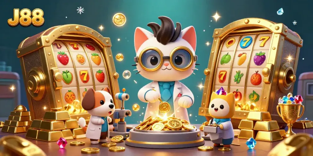 Experience the thrill of J88 in a vibrant gambling scene featuring slots, treasures, and lively characters.