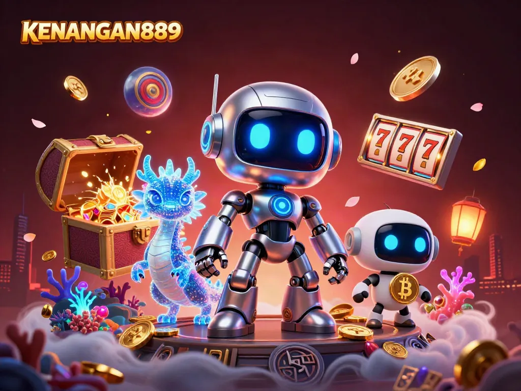 KENANGAN889 showcases vibrant casino gaming with a futuristic twist featuring a chrome robot and holographic dragon.