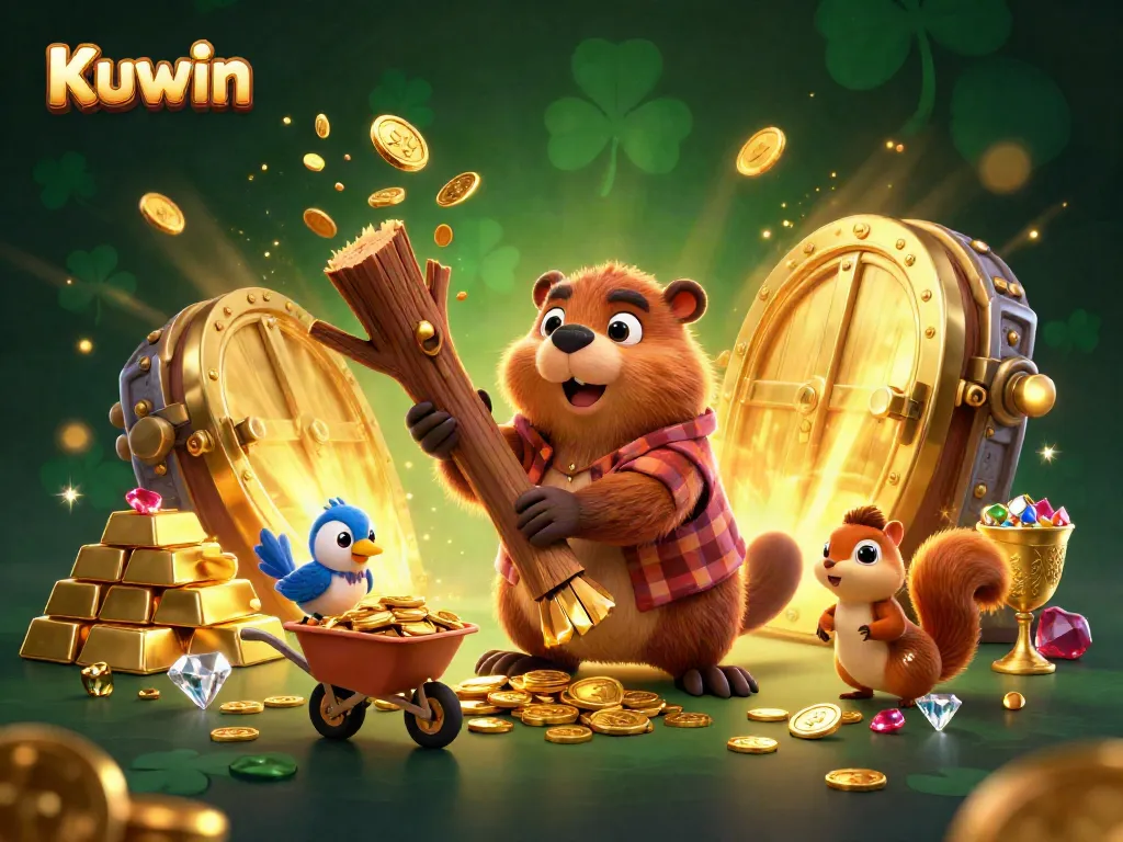 Kuwin highlights an immersive casino experience with cartoon characters capturing gold coins and treasures.