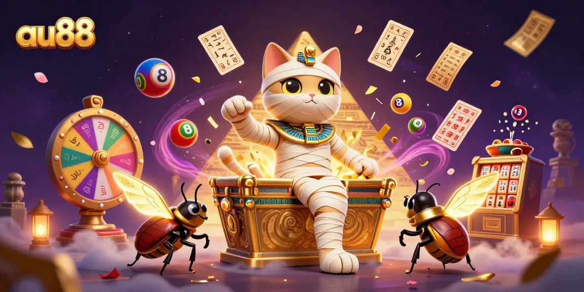 Engage with au88's exciting casino gaming scene featuring a mummy cat and glowing elements