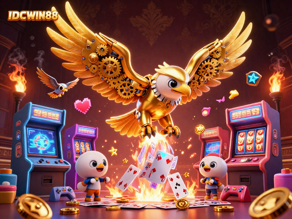 Experience the excitement of casino gaming with IDCWIN88, featuring a dynamic illustration of a cybernetic eagle.