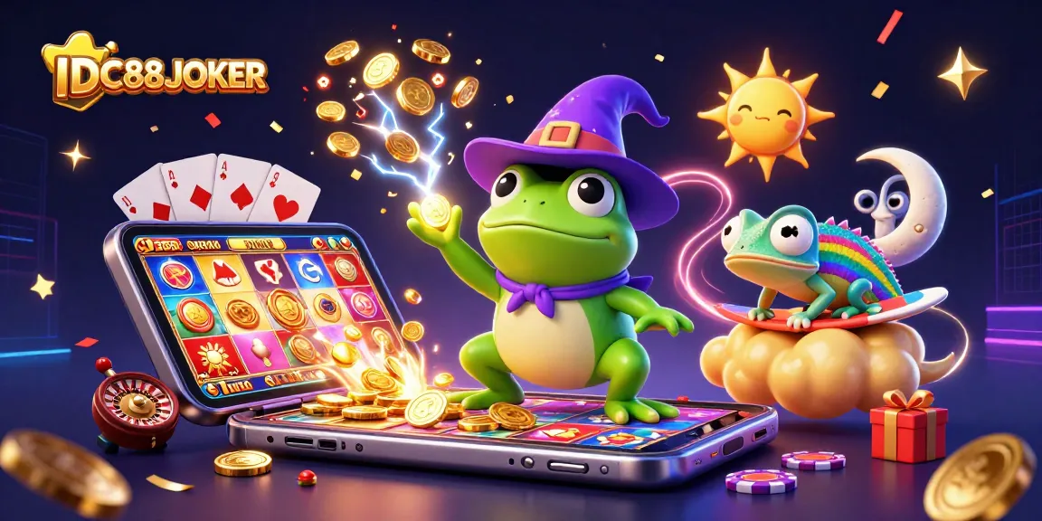Join the excitement at IDC88JOKER with a vibrant 3D casino game scene featuring golden coins, games, and characters.
