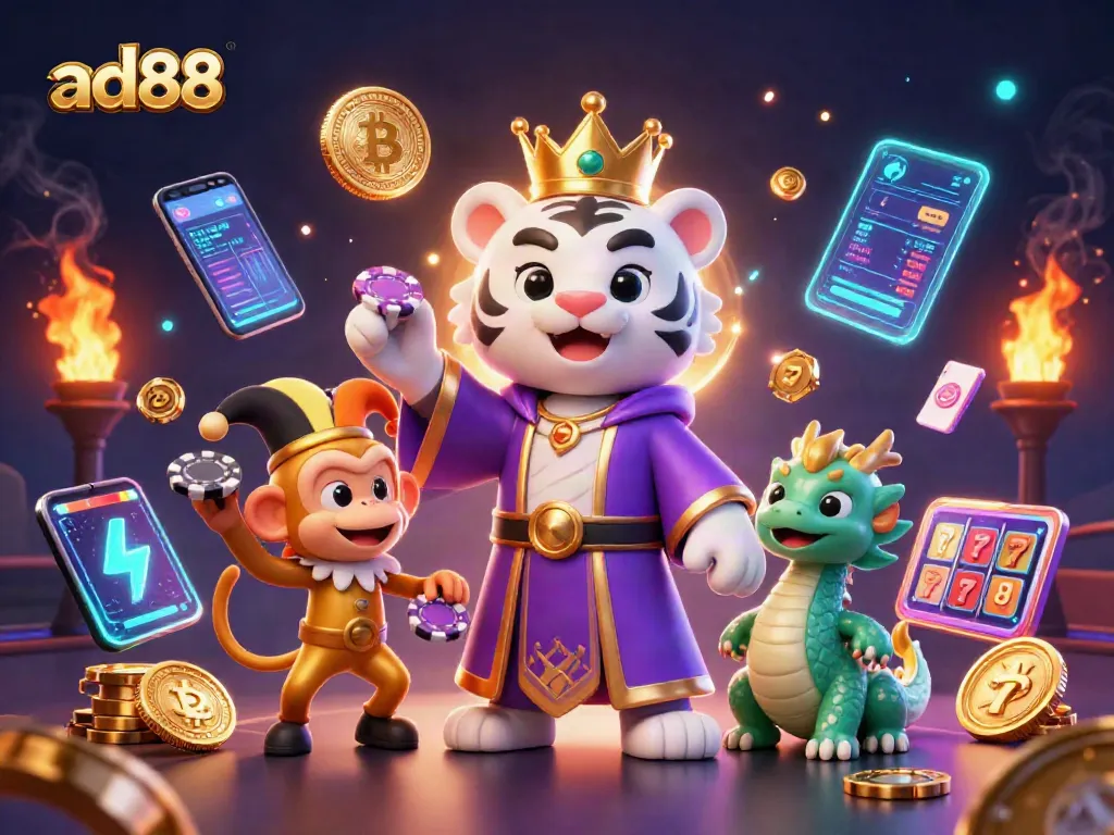 Engage in ad88 casino play with vibrant characters and dazzling game elements in an immersive digital scene.