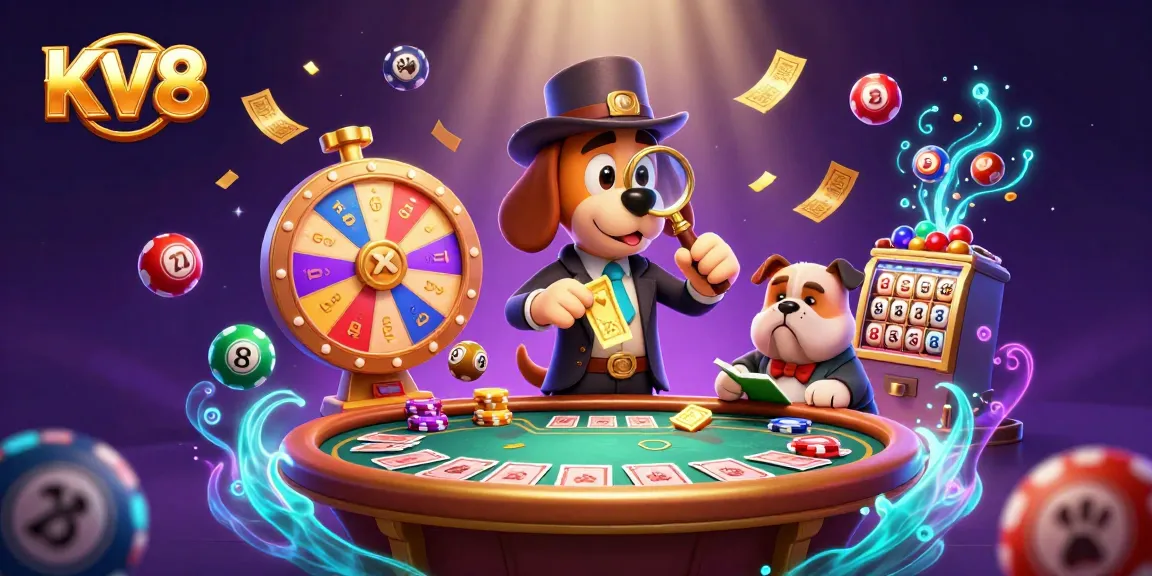 Join the adventure at KV8, where a detective investigates poker clues amidst colorful gaming elements!