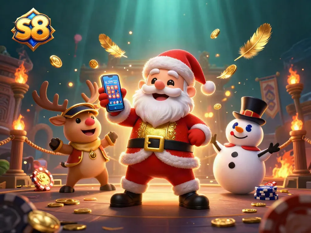 Experience s8’s jackpot slots with Santa Claus, a reindeer dealer, and a poker chip snowman!