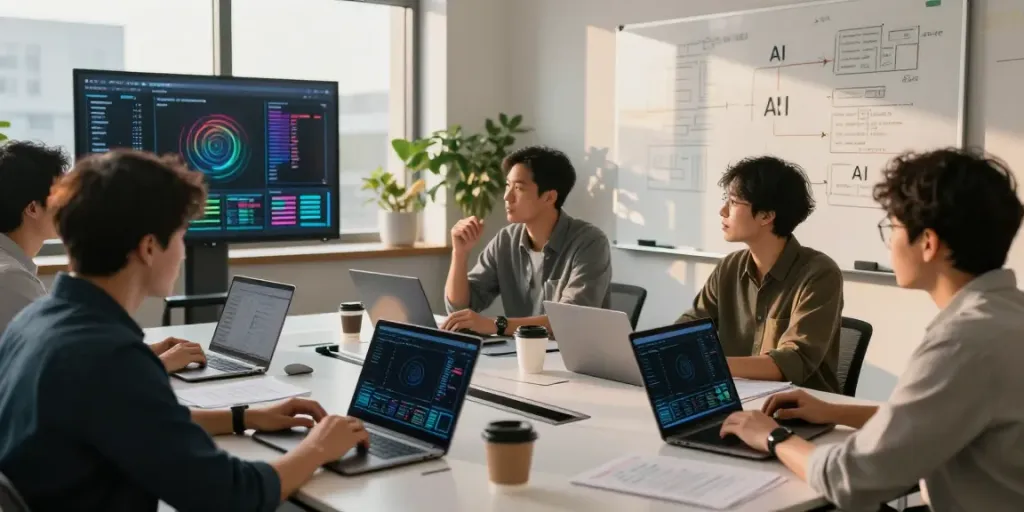 Enterprise AI development team collaborating on innovative solutions in a modern workspace.