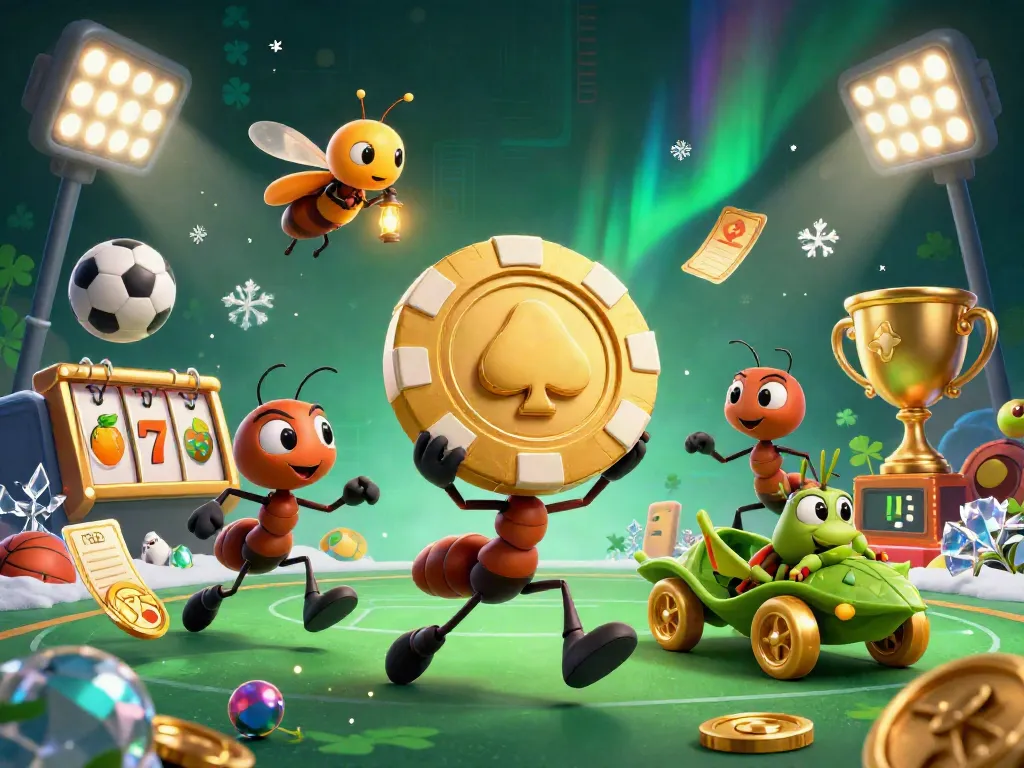 Sanclub ants executing a heist with a giant poker chip in a vibrant casino setting.
