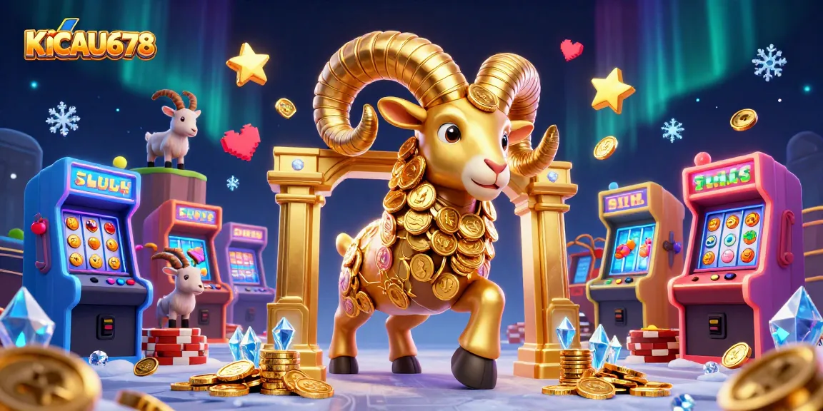 KICAU678 featuring a massive golden ram charging through a jackpot casino scene filled with colorful arcade game elements.