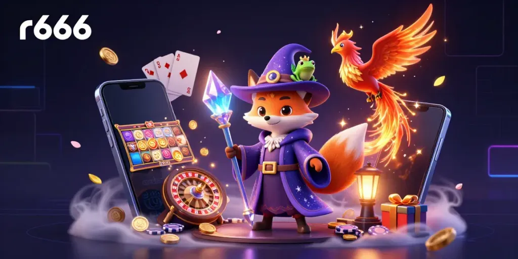 Play vibrant r666 slot games with a mystical wizard fox and collectibles in a dynamic 3D scene.