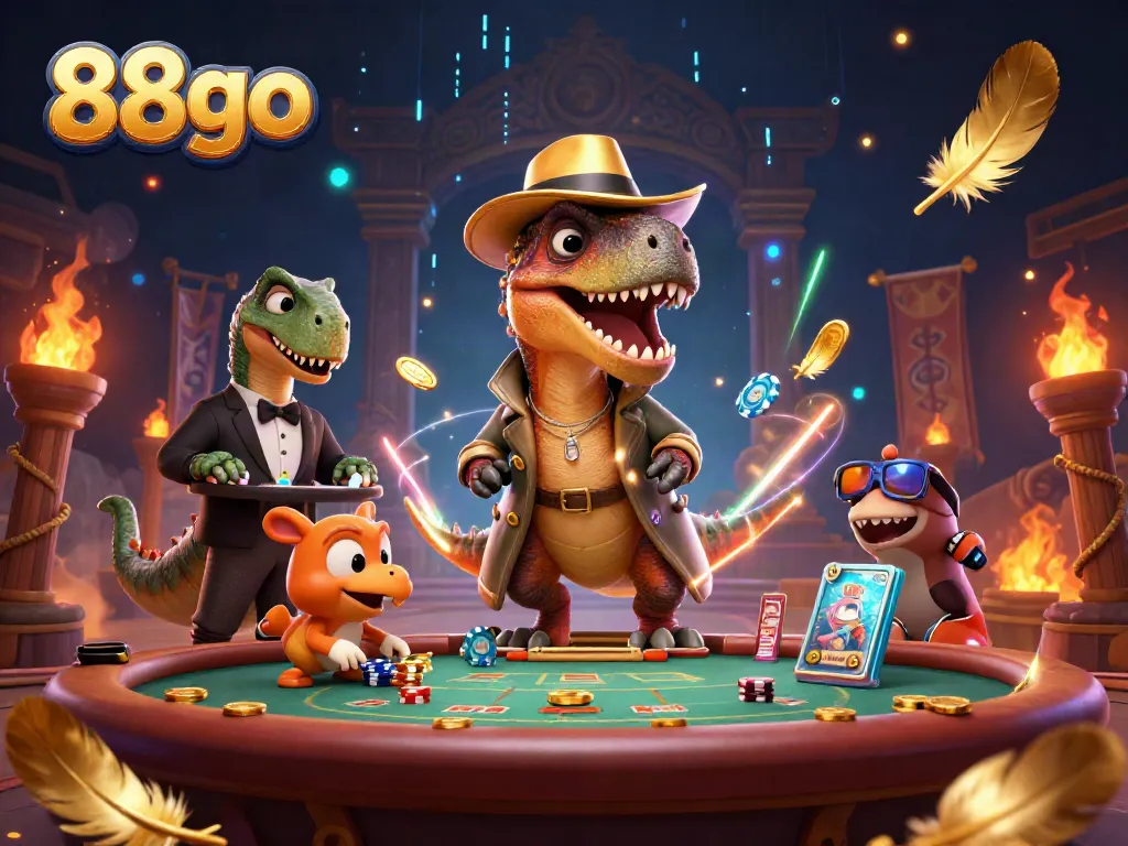 88go brings excitement with cartoon dinosaurs at a blackjack table, showcasing thrilling casino fun.