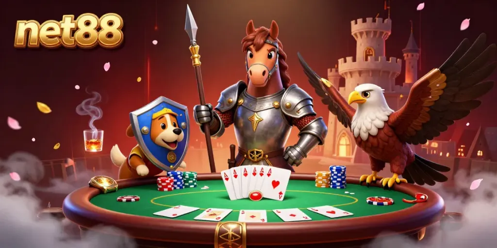 Engage in thrilling poker excitement with net88 at a colorful 3D casino scene featuring a knight, squire, and falcon.