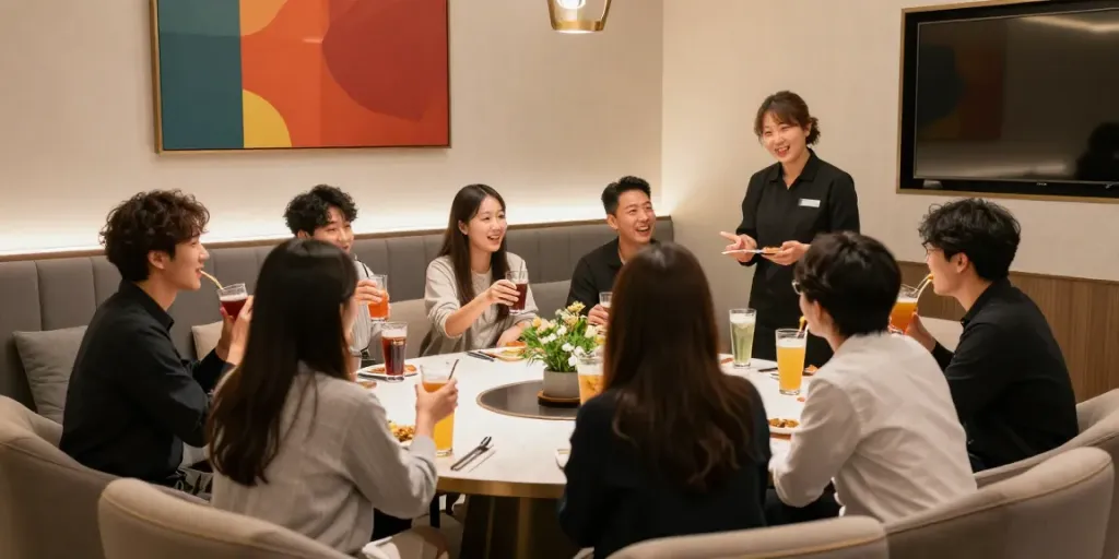 강남 구구단에서 편안하게 앉아 음료를 즐기는 친구들, 독립된 룸의 아늑한 분위기
