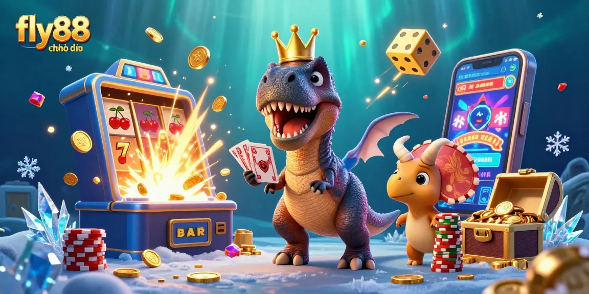 Experience excitement with fly88 chính thức featuring a T-Rex and friends at a lively casino scene.