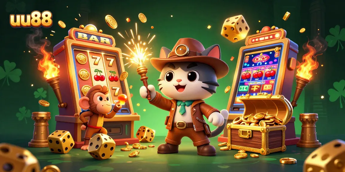 Experience winning excitement at uu88 with a vibrant 3D illustration of a golden casino treasure hunt.