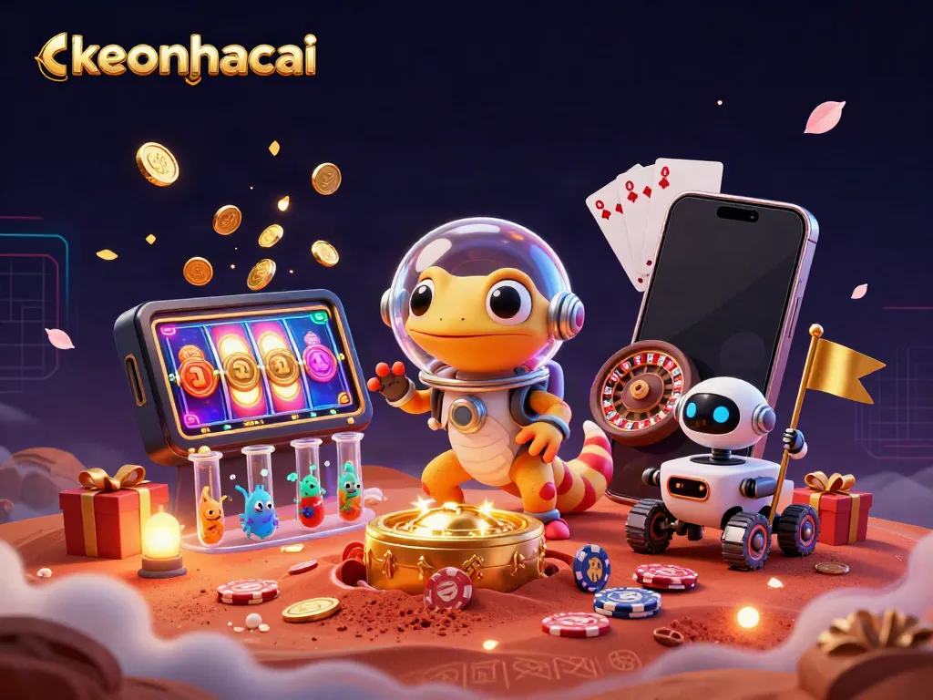 Engage with keonhacai's vibrant 3D illustration of a Martian gecko discovering a golden casino in a cosmic setting.