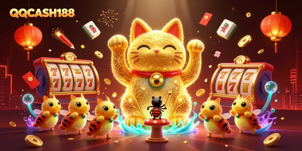 Experience the thrill of QQCASH188's gaming universe with dynamic casino symbols and vibrant energy.