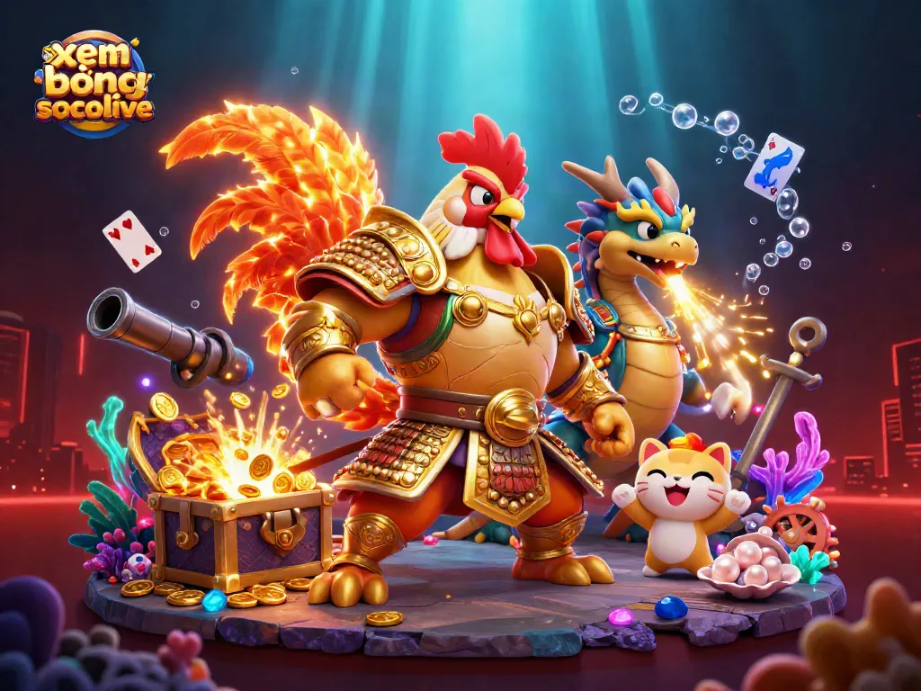 Experience xem bóng socolive in an immersive 3D environment with character battles and dynamic casino elements.