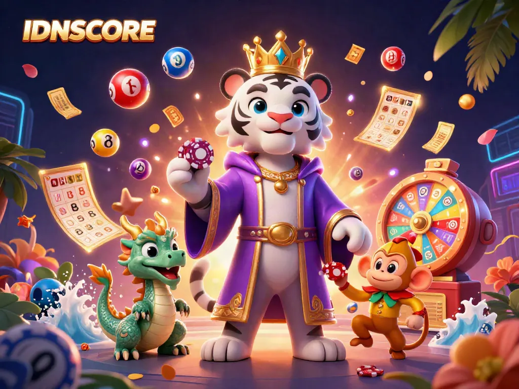 Engage in thrilling gameplay with IDNSCORE featuring vibrant lottery elements and playful characters.