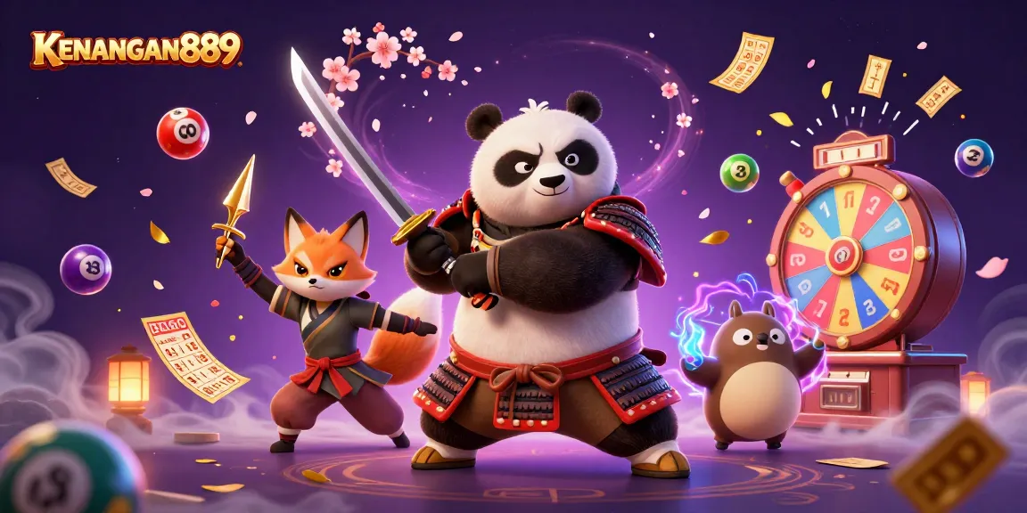 Engage with gaming excitement at KENANGAN889 as dynamic characters throw shuriken and spin lottery balls.