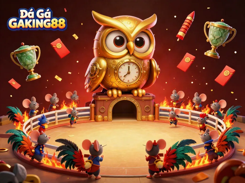 Experience the thrilling action of Đá Gà GAKING88 with a dynamic scene featuring a clockwork owl overseeing cockfighting.