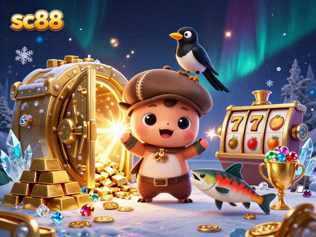 Spin to win at sc88 featuring cute Nessie and a treasure-filled casino atmosphere.