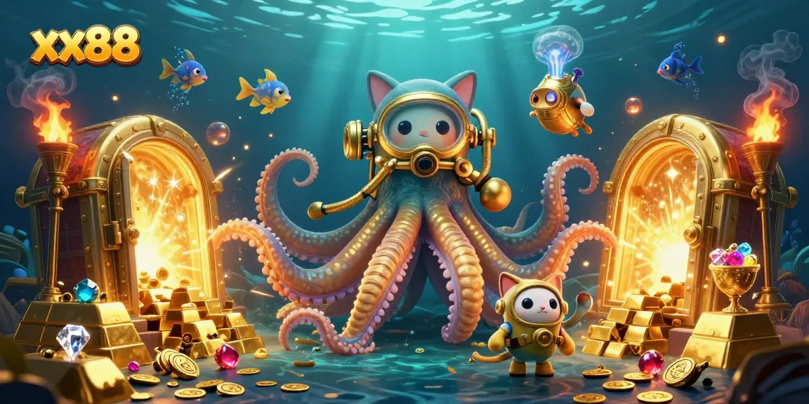 Experience thrilling excitement at xx88 with a colossal kraken amidst a treasure-filled underwater scene.