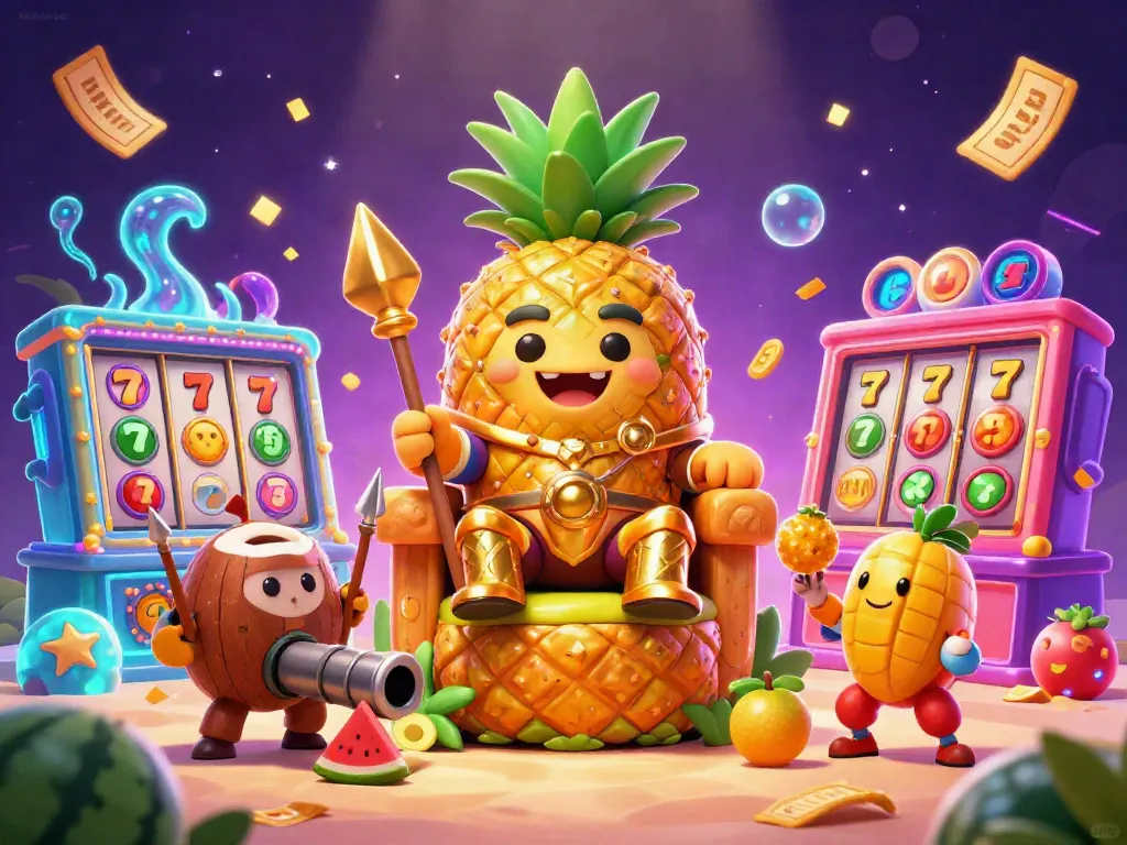 Experience the fun of slot gacor with a vibrant 3D casino scene featuring a pineapple king and dynamic game elements.