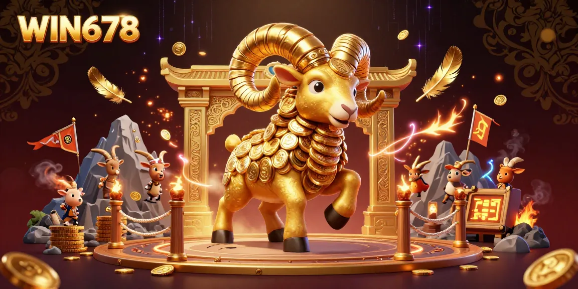 Spin to win with WIN678 as the golden ram charges through a vibrant casino scene filled with excitement!