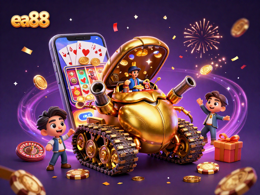 Engage in thrilling gaming at ea88 with a vibrant scene displaying a golden beetle tank casino filled with fun elements.
