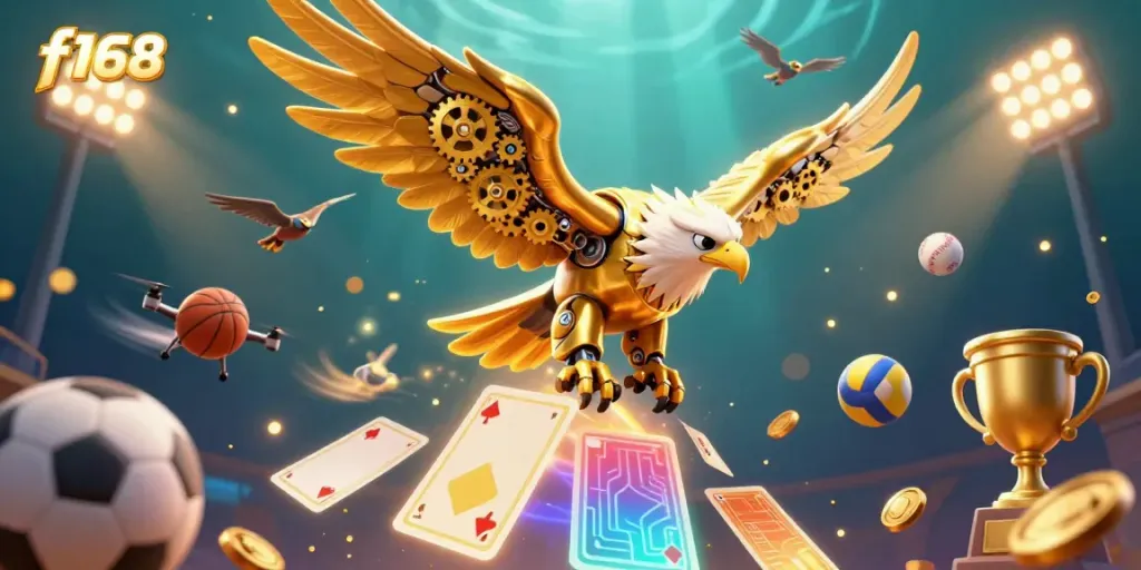 Bet on exhilarating gameplay with f168 as a golden eagle soars through holographic cards and dynamic sports elements.