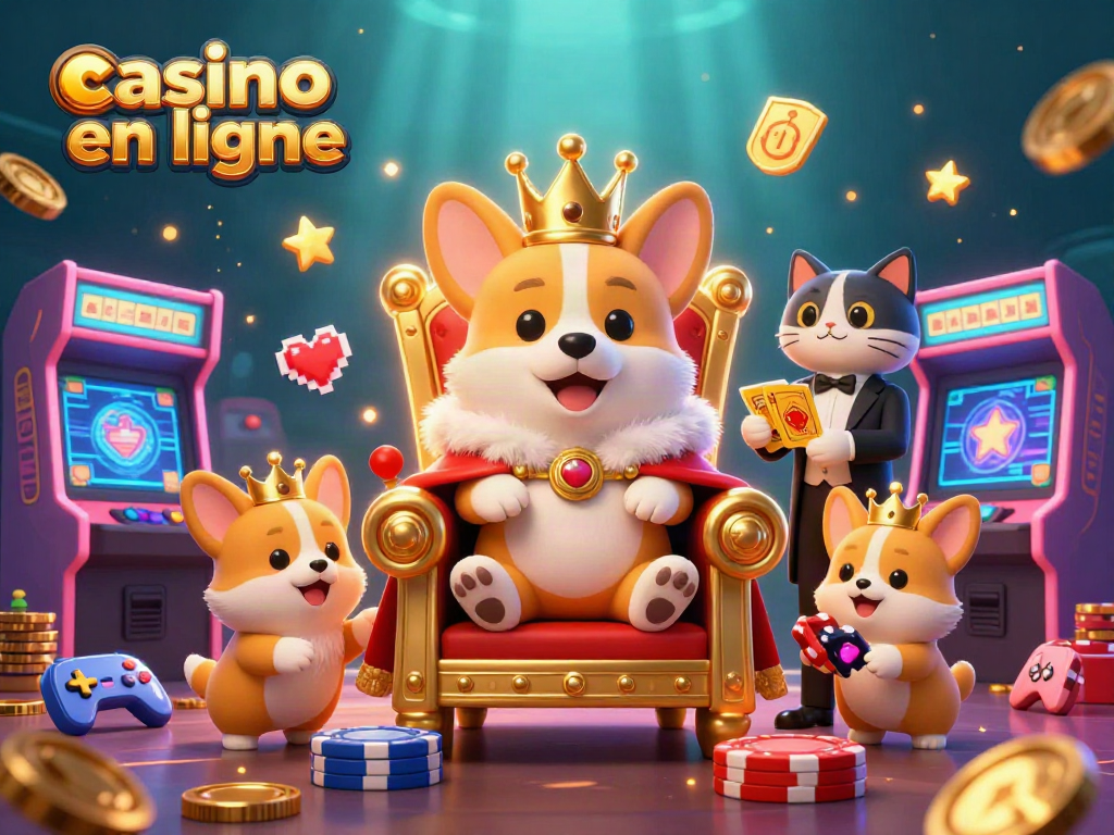 Jouez au casino en ligne avec un corgi royal sur un trône de jetons entouré de jeux colorés.